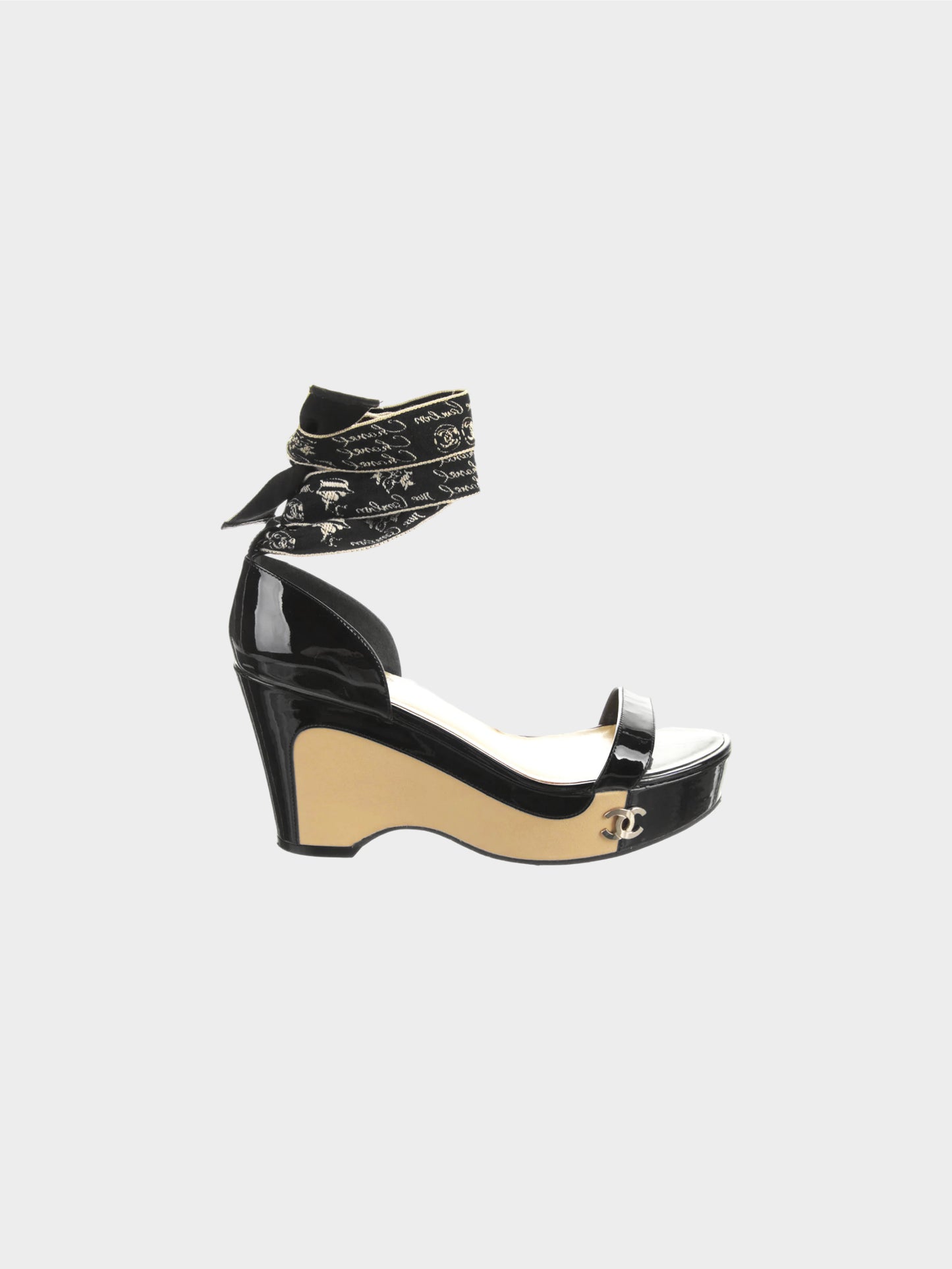 Chanel by Karl Lagerfeld Cruise 2006 Black and Beige Patent Leather Lace-up Wedged Heels