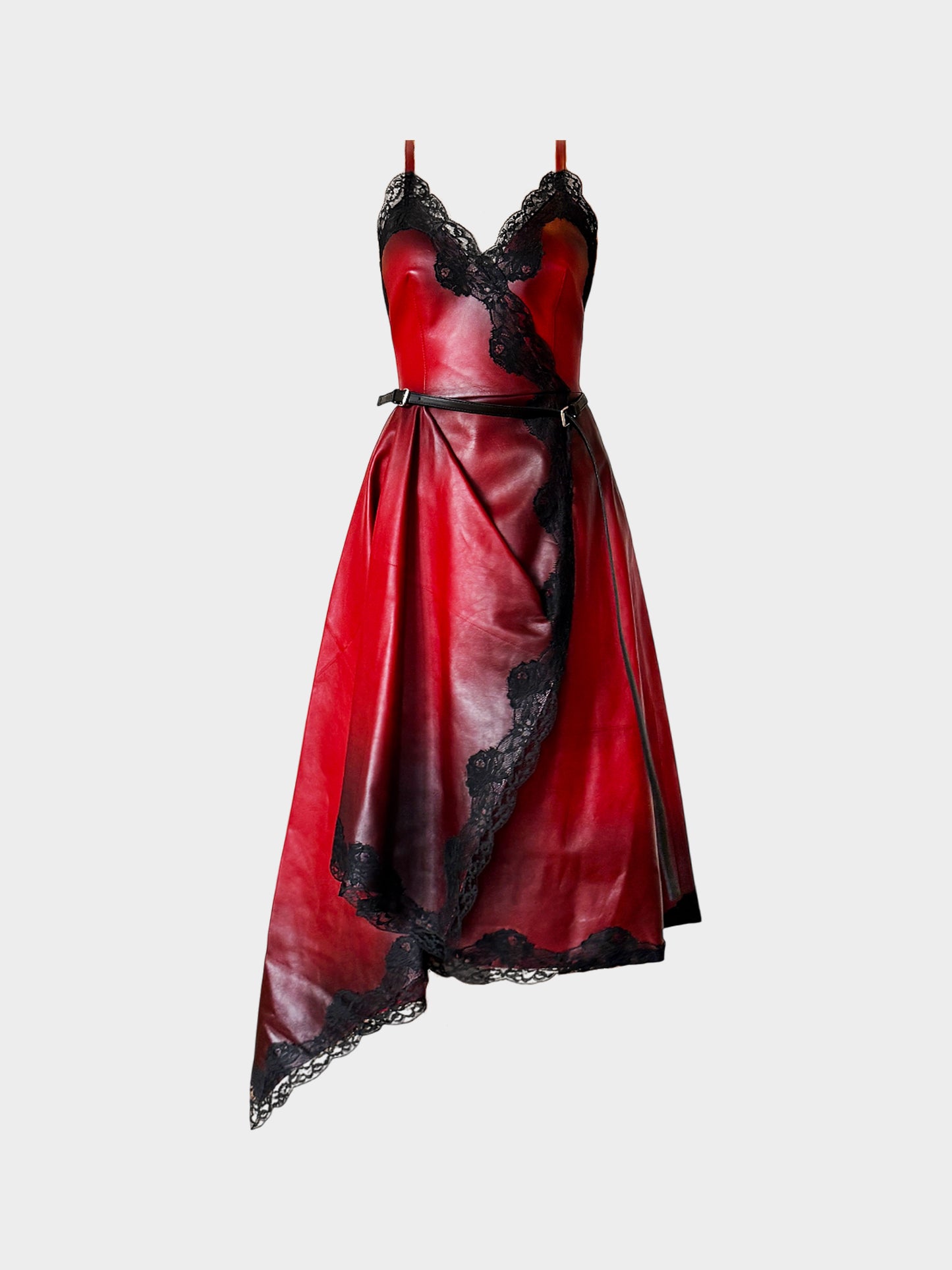 Alexander McQueen 2022 Red and Black Leather Lace-Trimmed Asymmetrical Draped Dress