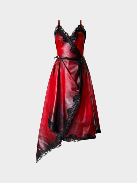 Alexander McQueen 2022 Red and Black Leather Lace-Trimmed Asymmetrical Draped Dress