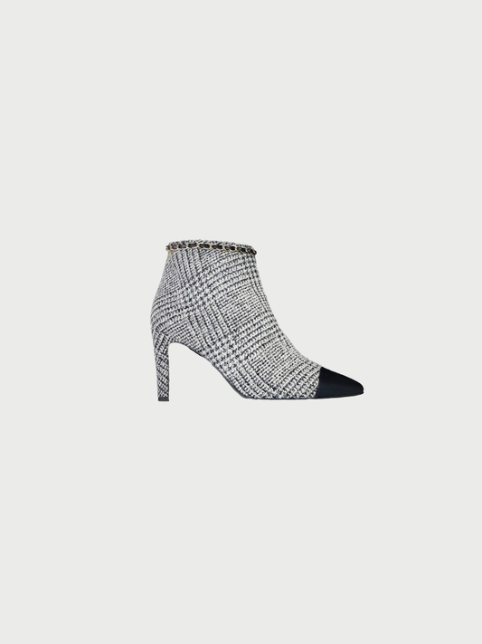 Chanel FW 2019 Black Wool Prince of Wales Check Chain Booties