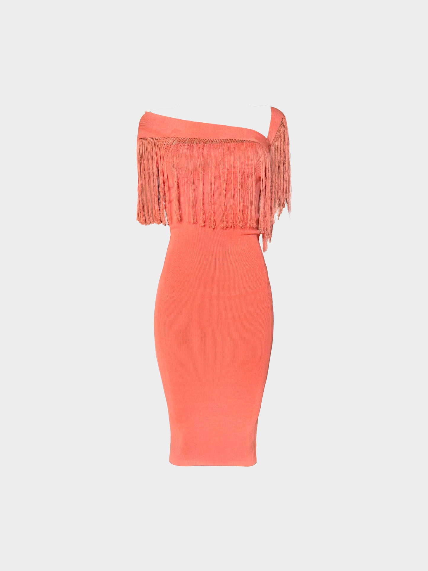 Plein Sud 2000s Coral Pink Fringed Off Shoulder Fitted Dress