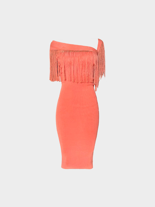 Plein Sud 2000s Coral Pink Fringed Off Shoulder Fitted Dress