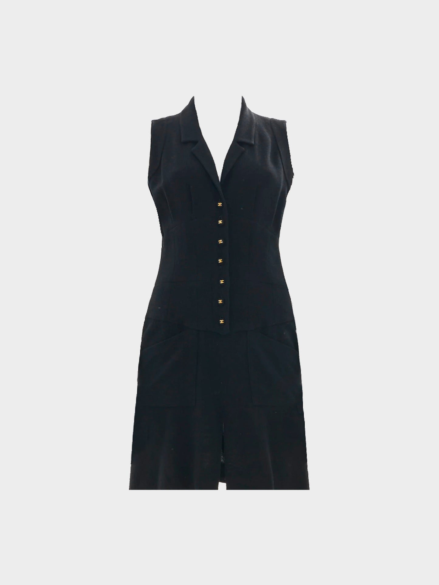 Chanel by Karl Lagerfeld SS 1995 Black Sleeveless Midi Dress with Button Up Closure