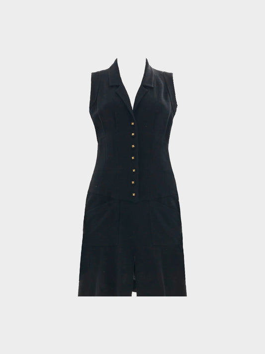 Chanel by Karl Lagerfeld SS 1995 Black Sleeveless Midi Dress with Button Up Closure