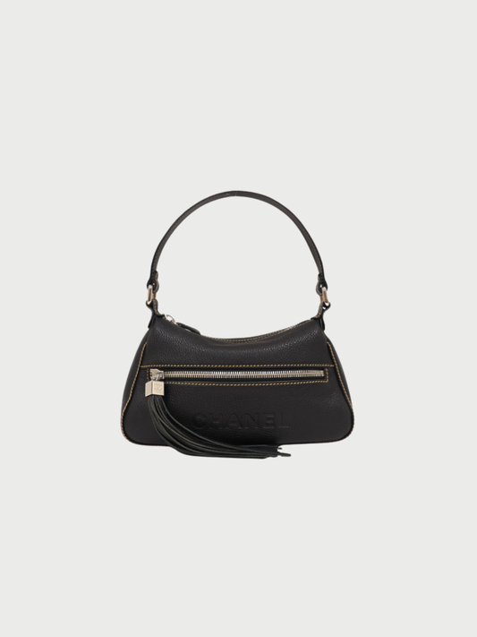 Chanel 2001-2002 Black Caviar Leather Logo Tassel One Shoulder Bag