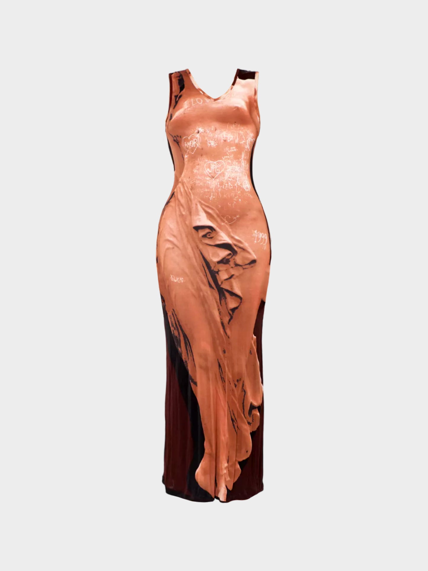 Jean Paul Gaultier SS 1999 Brown Trompe L'oeil Goddess Graffiti Dress