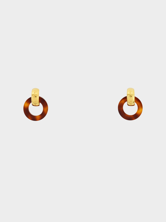 Celine 2000s Gold Brown Tortoiseshell Logo Clip-On Earrings