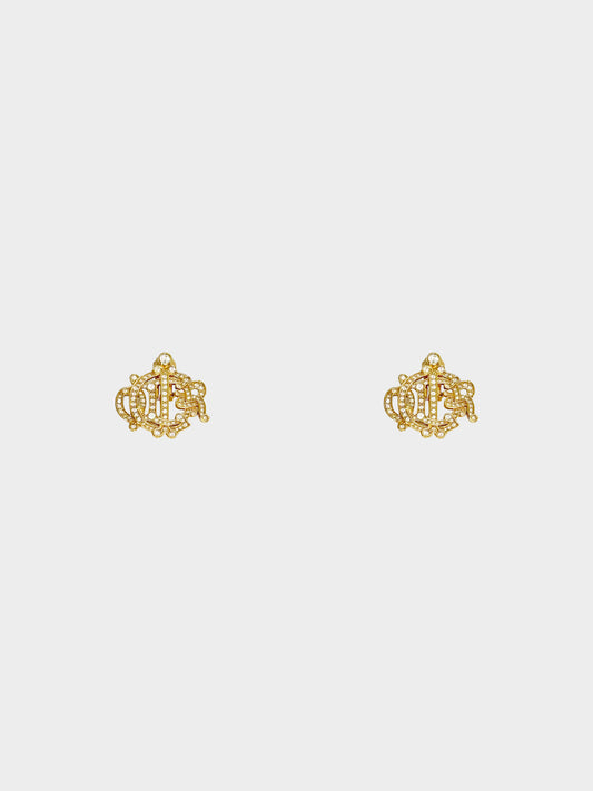 Christian Dior 2000s Gold Vintage Logo and Rhinestone Clip-on Earrings