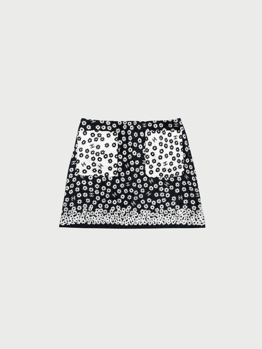 Chanel SS 2022 Black White Silk Daisy Mini Skirt