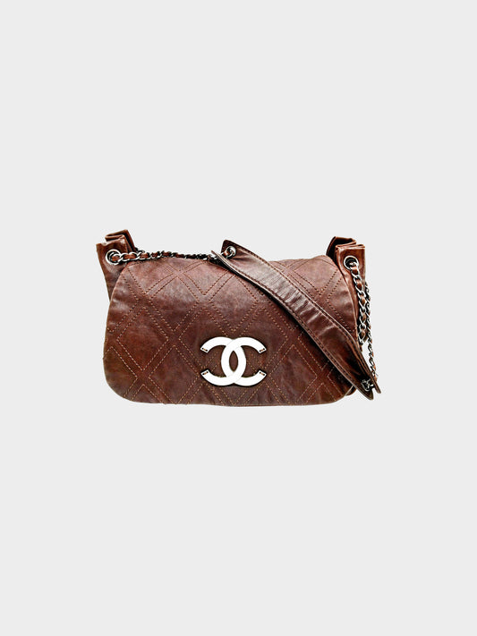 Chanel 2006 Brown Calfskin Leather Diamond Stitch Accordion Flap Bag