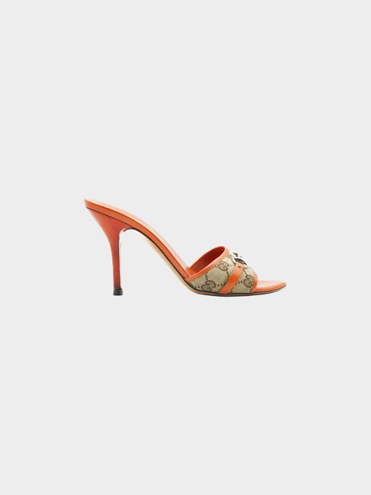 Gucci SS 2000 Orange GG Supreme Canvas and Leather Heels with Horsebit Accent