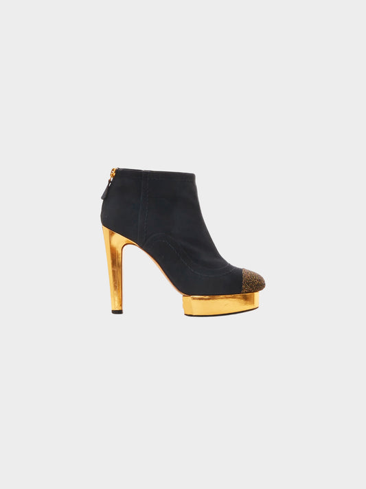 Chanel by Karl Lagerfeld FW 2013 Black and Gold Ankle Platform Heeled Boots
