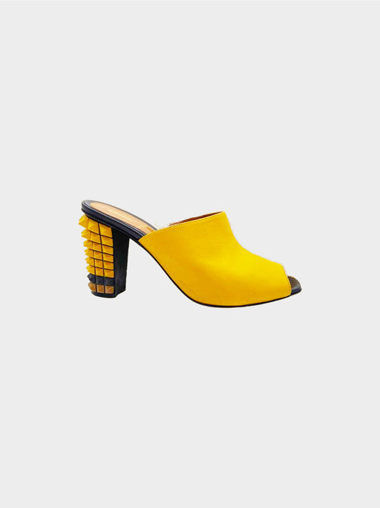 Fendi 2010s Yellow Vitello Leather Spiked Heel Mules