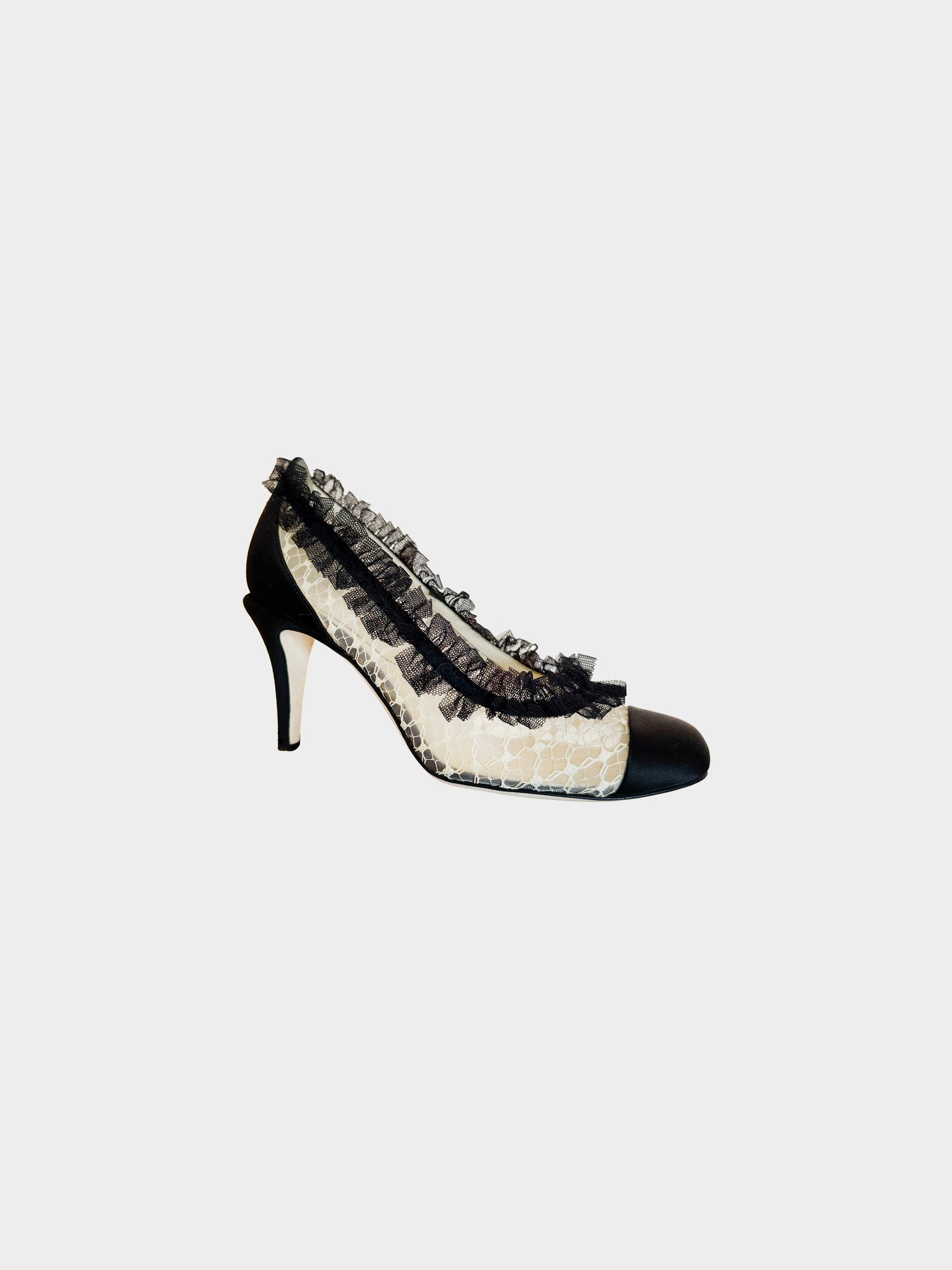 Chanel 2012 Ivory and Black Ruffled Lace Pumps