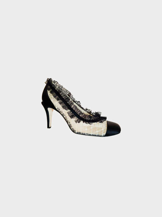 Chanel 2012 Ivory and Black Ruffled Lace Pumps
