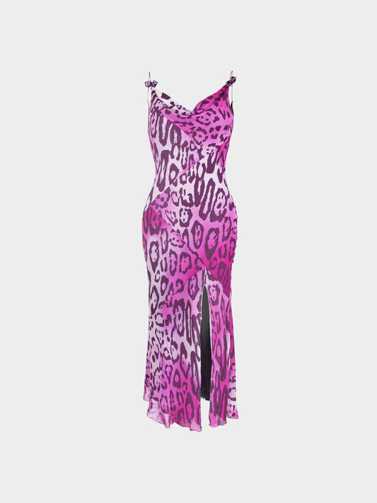 Christian Dior by John Galliano FW 2004 Purple Leopard Print and Gambler Dice Silk Dress