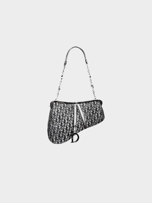 Christian Dior Early 2000s Black and Metallic Grey Diorissimo Mini Saddle Bag