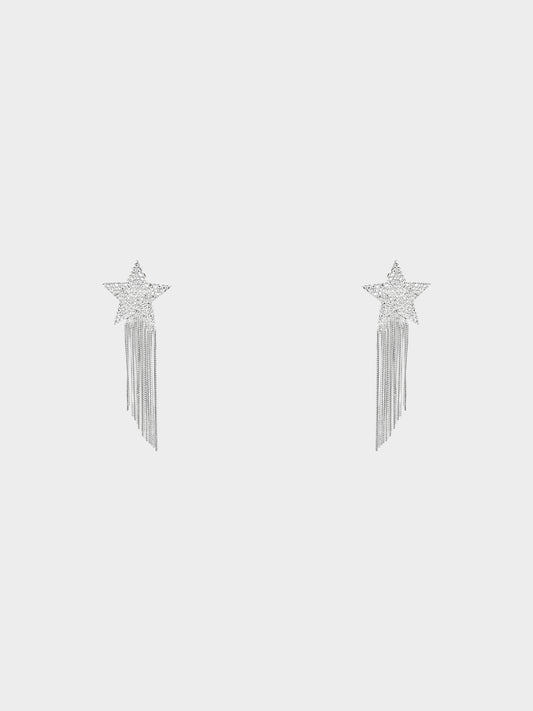Yves Saint Laurent 2020s Silver Crystal Star Tassel Clip-on Earrings