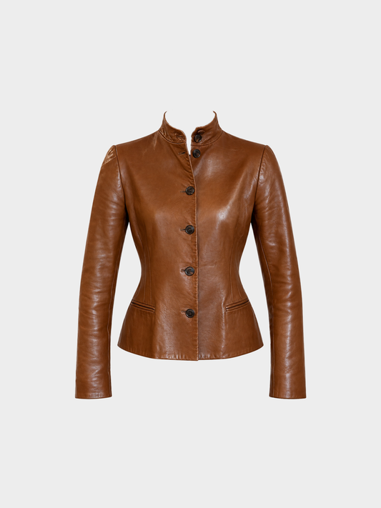 Ralph Lauren 2000s Cognac Brown Leather Standing Collar Tailored Jacket