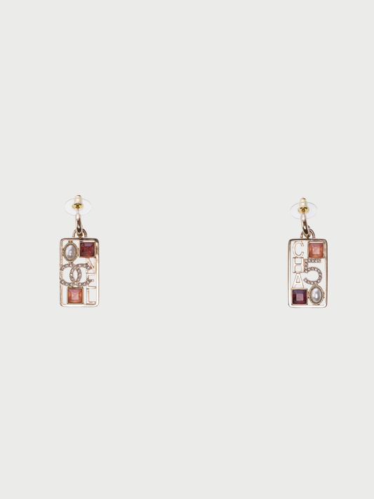 Chanel 2010s Gold Plated Metal CC Strass Pearl Drop Earrings