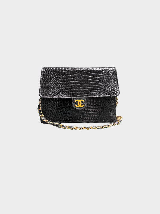 Chanel 1994 Black Exotic Vintage Crocodile Classic Flap Bag