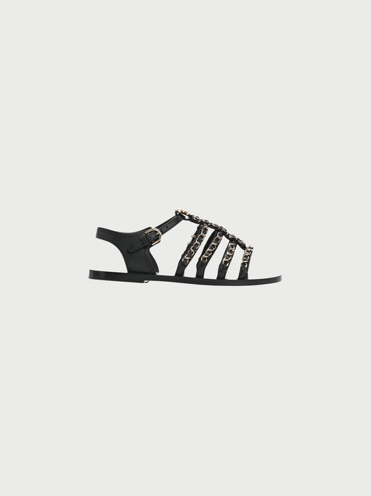 Chanel 2023 Black Leather Chain CC Flat Sandals