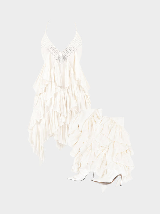 Alexandre Vauthier SS 2022 White Silk Crepe Ruffled Dress and Matching Ruffled Boots Set