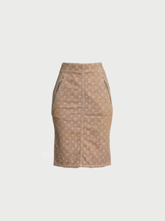 Louis Vuitton 2000s Beige Cotton Monogram Mid-Length Skirt
