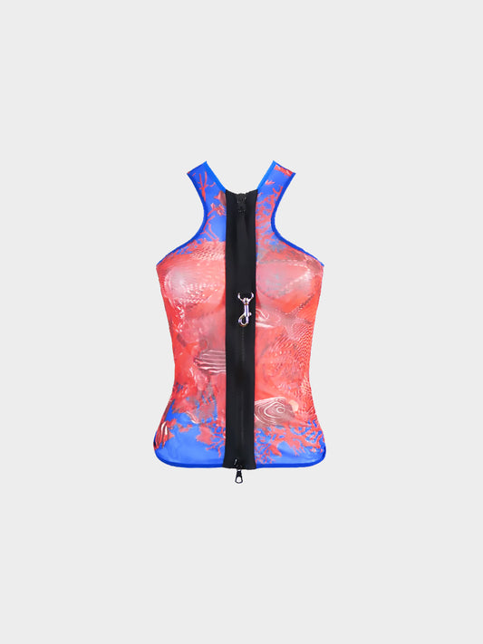 Jean Paul Gaultier SS 1998 Rare Sea Life Printed Mesh Front Zip Tank Top
