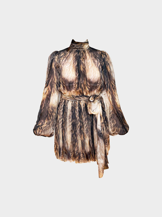 Dolce and Gabbana 2010s Rare Beige and Black Animal Print Chiffon Mini Dress with Scarf