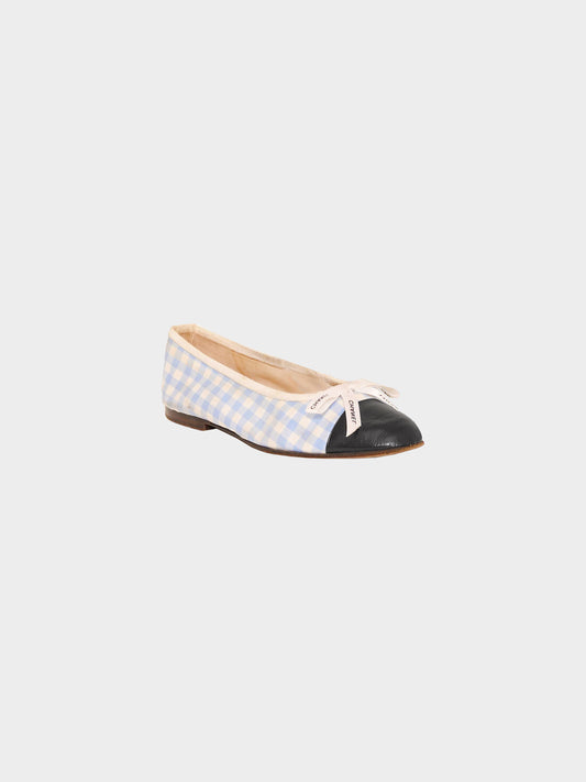 Chanel 1990s Blue and White Gingham Check Print Leather and Canvas Ballet Flats