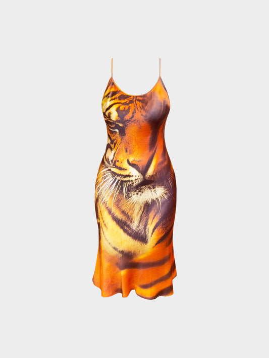 Roberto Cavalli FW 2000 Tiger Print Silk Slip Dress and Scarf Set
