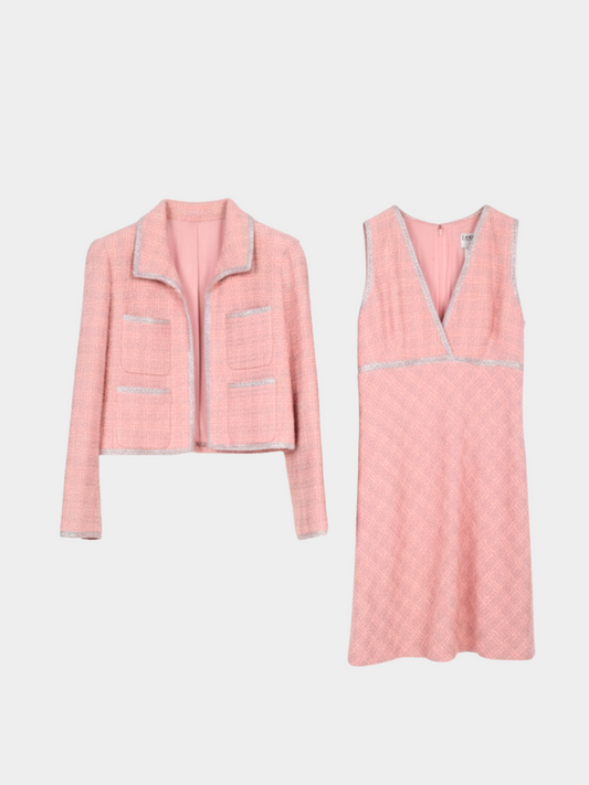 Chanel 1990s Cherry Blossom Pink Tweed Four-Pocket Jacket & Dress Set