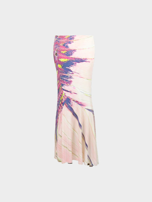 Roberto Cavalli SS 2004 Pink Feather Printed Silk Maxi Dress/Skirt