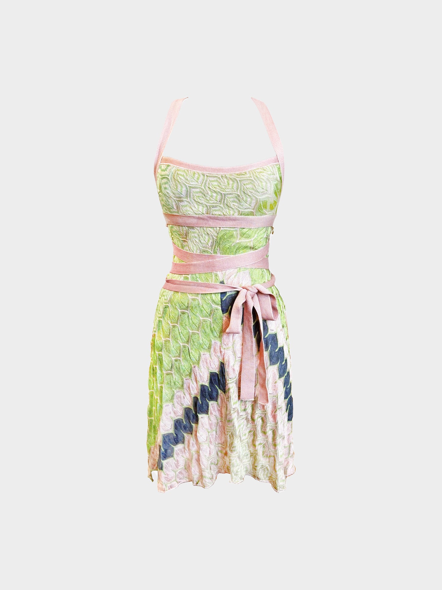 Missoni 2000s Rare Pink and Green Abstract Pattern Knitted Dress