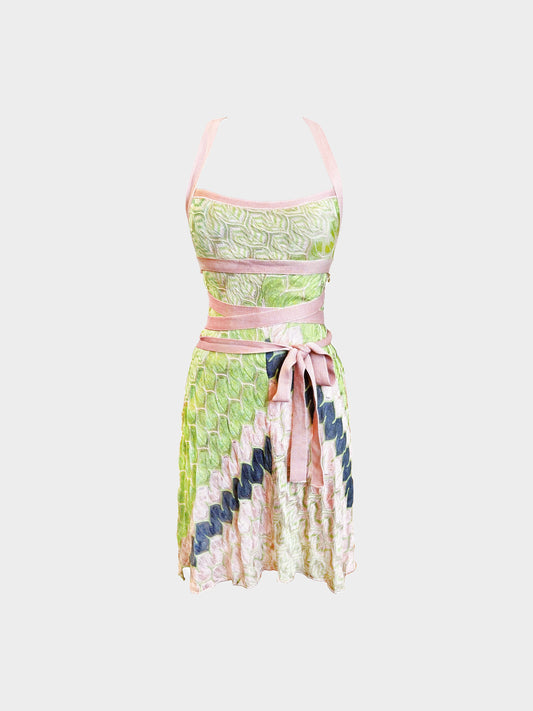 Missoni 2000s Rare Pink and Green Abstract Pattern Knitted Dress