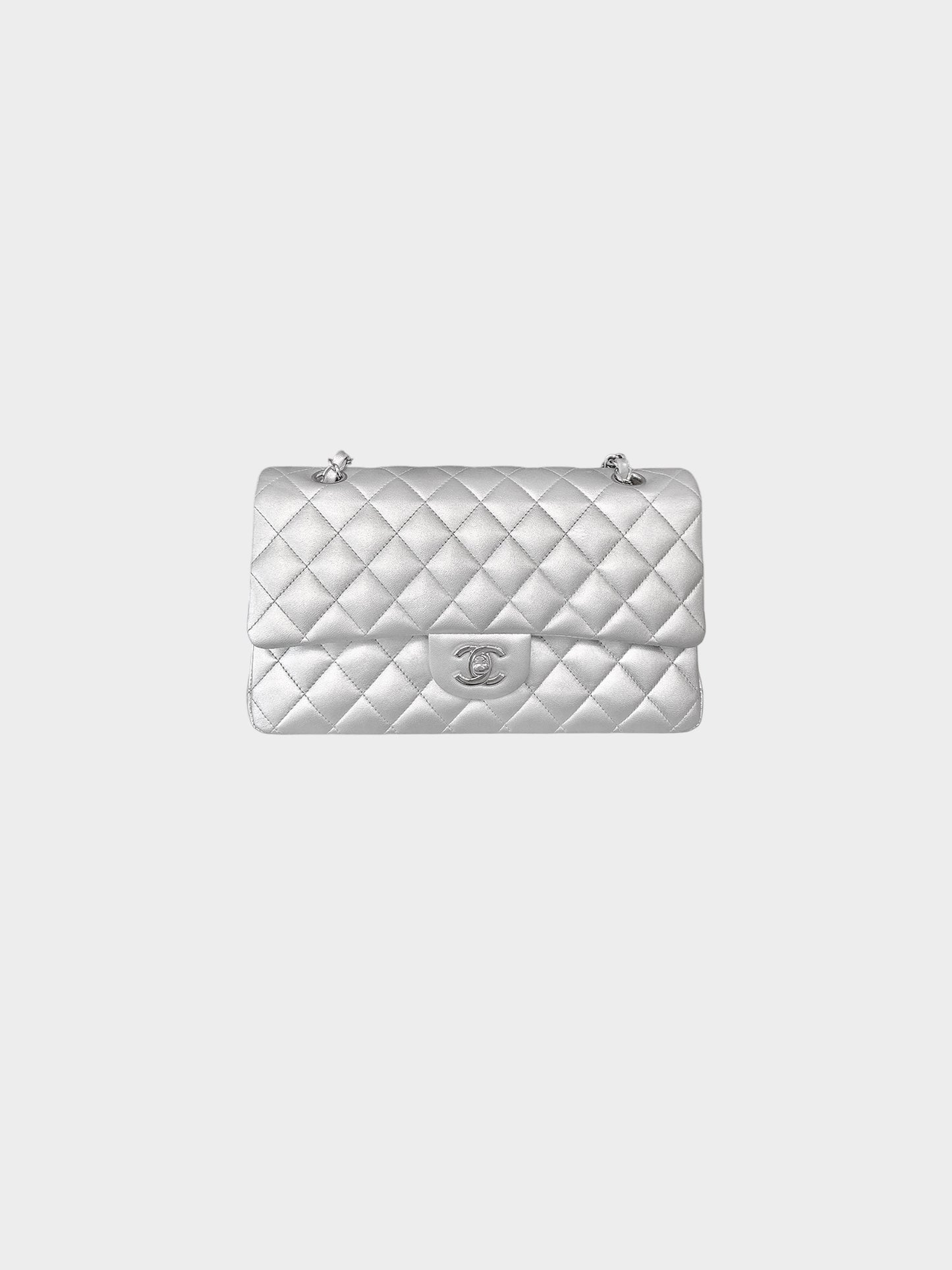 Chanel 2009-2010 Metallic Silver Classic Medium Double Flap Bag