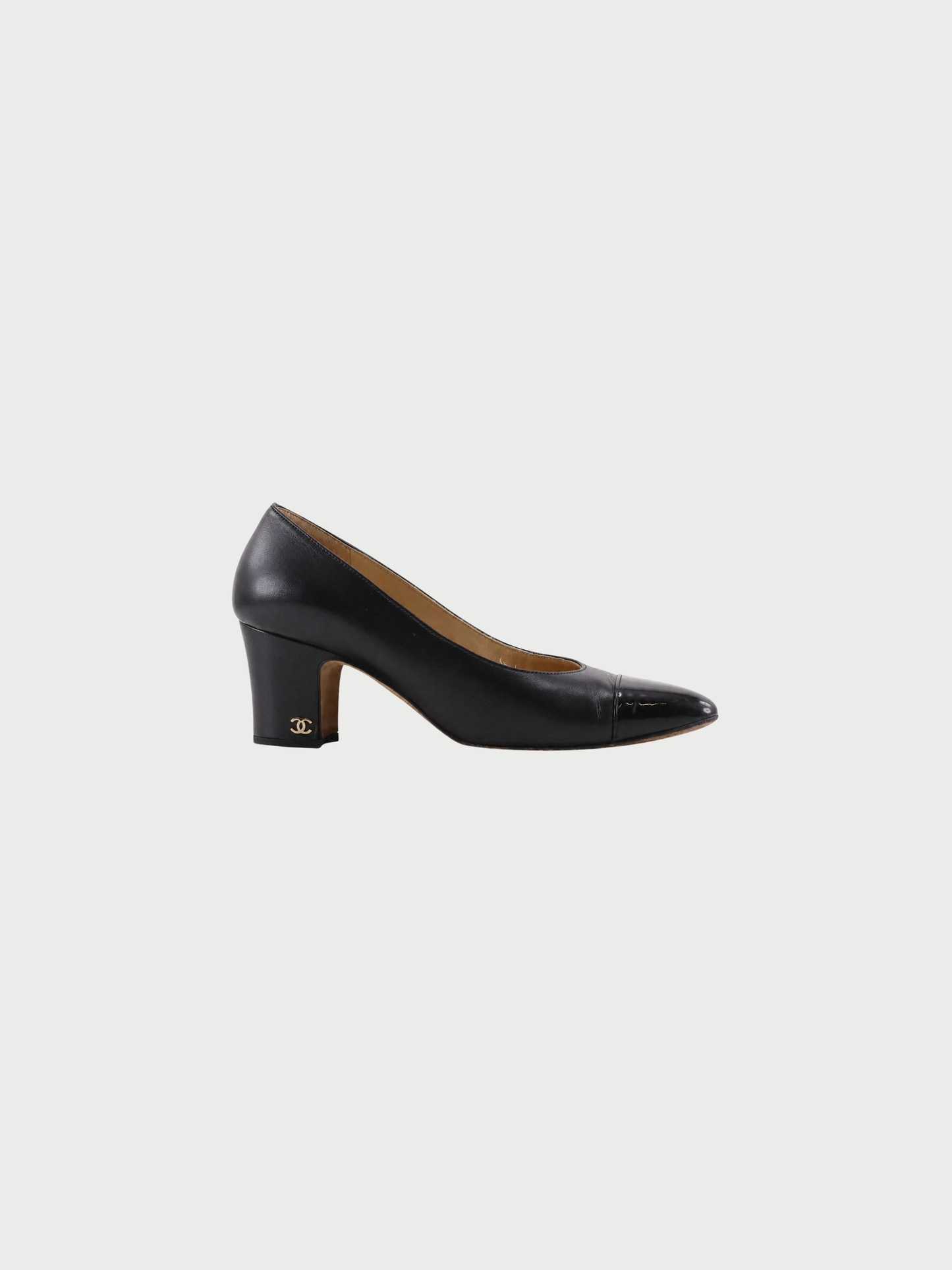Chanel 2000s Black Leather Patent COCO Mark Cap Toe Pumps