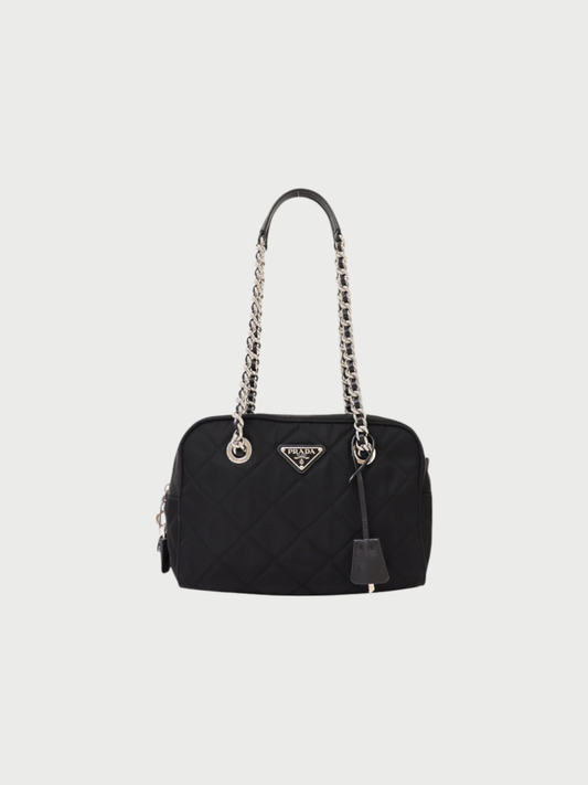 Prada 2000s Black Quilted Nylon Leather Triangle Logo Chain Tote Bag