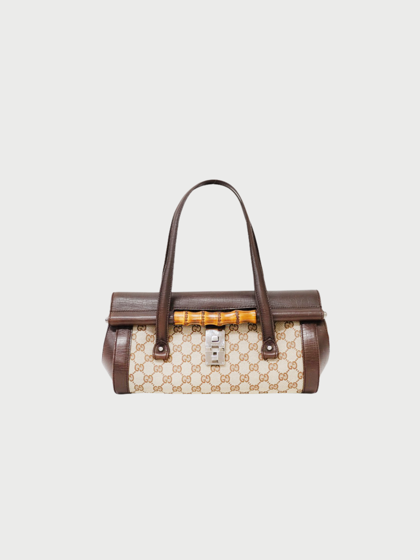 Gucci 2000s Brown Beige GG Canvas Bamboo Leather Handbag