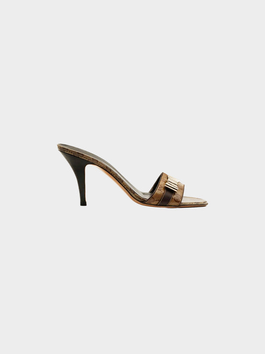 Gucci 2010s Brown GG Supreme Canvas Heeled Mules with Metal Bow