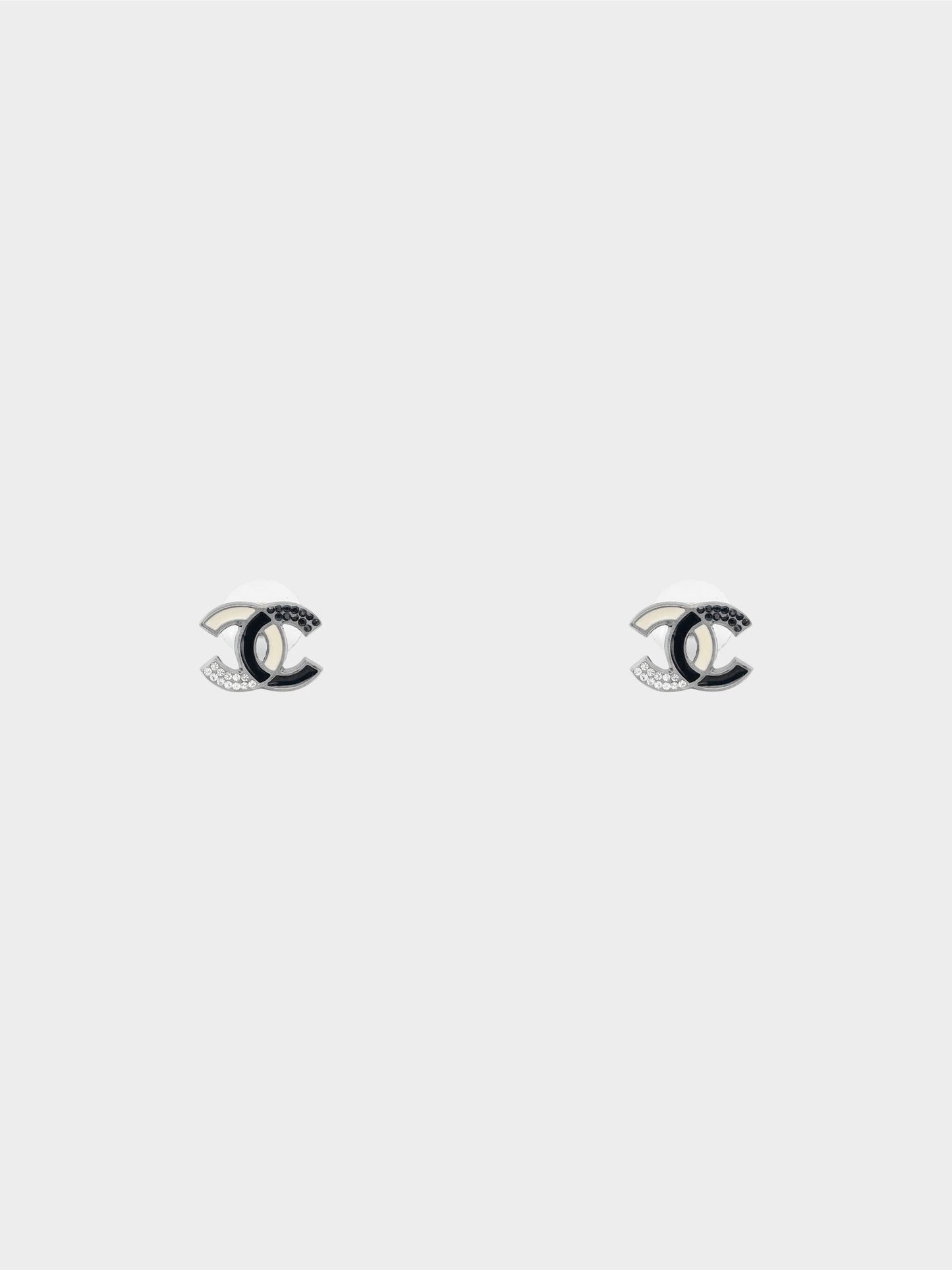 Chanel Spring 2005 Black and White Enamel Rhinestone CC Stud Earrings