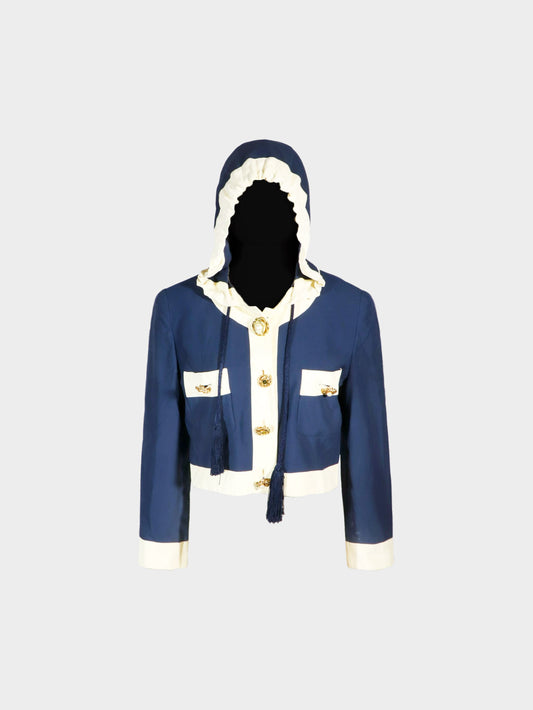 Moschino 1990s White and Blue Two-tone Buttoned Cropped Hooded Jacket