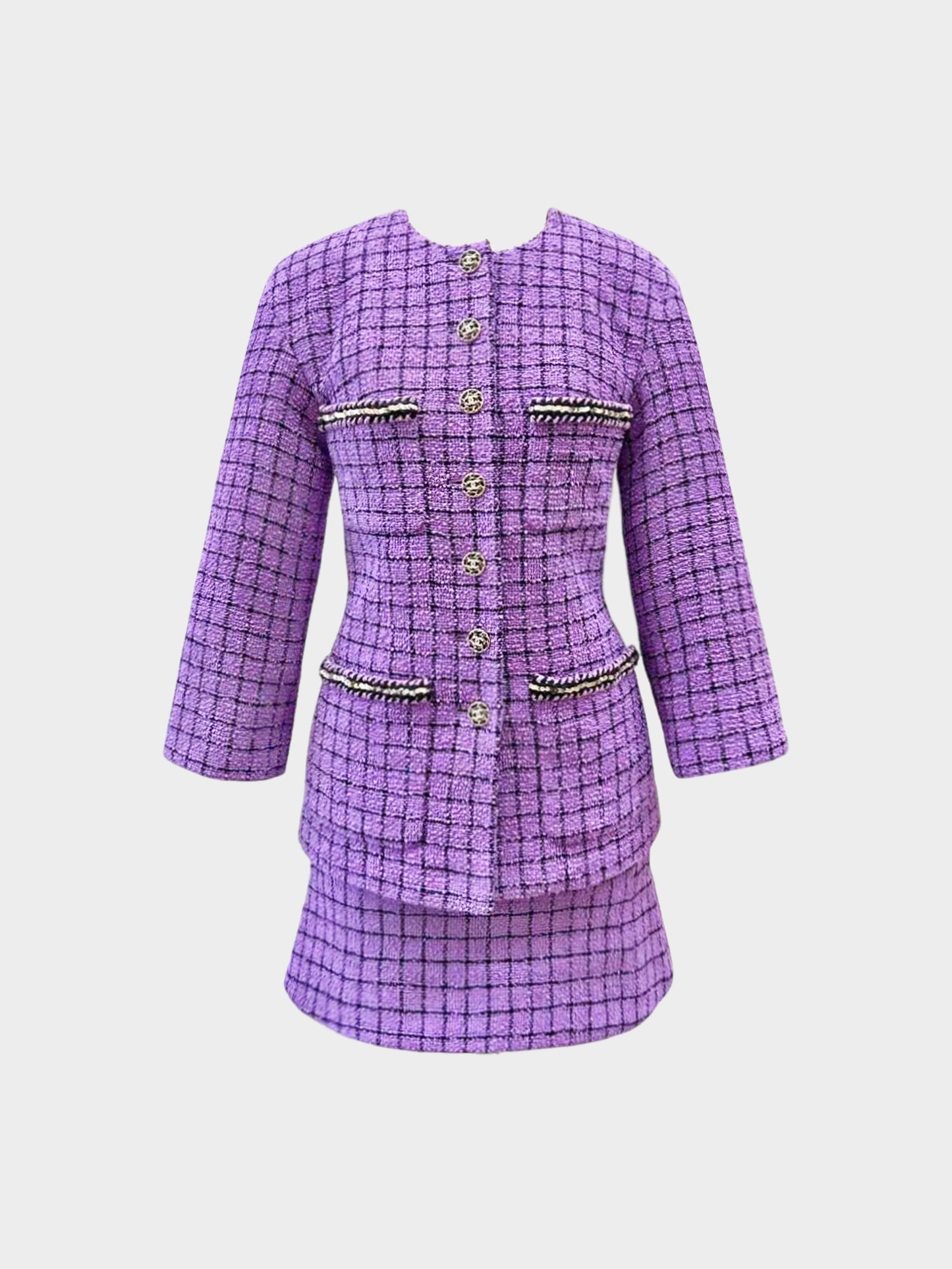Chanel SS 2022 Purple Cotton Tweed Skirt and Jacket Suit