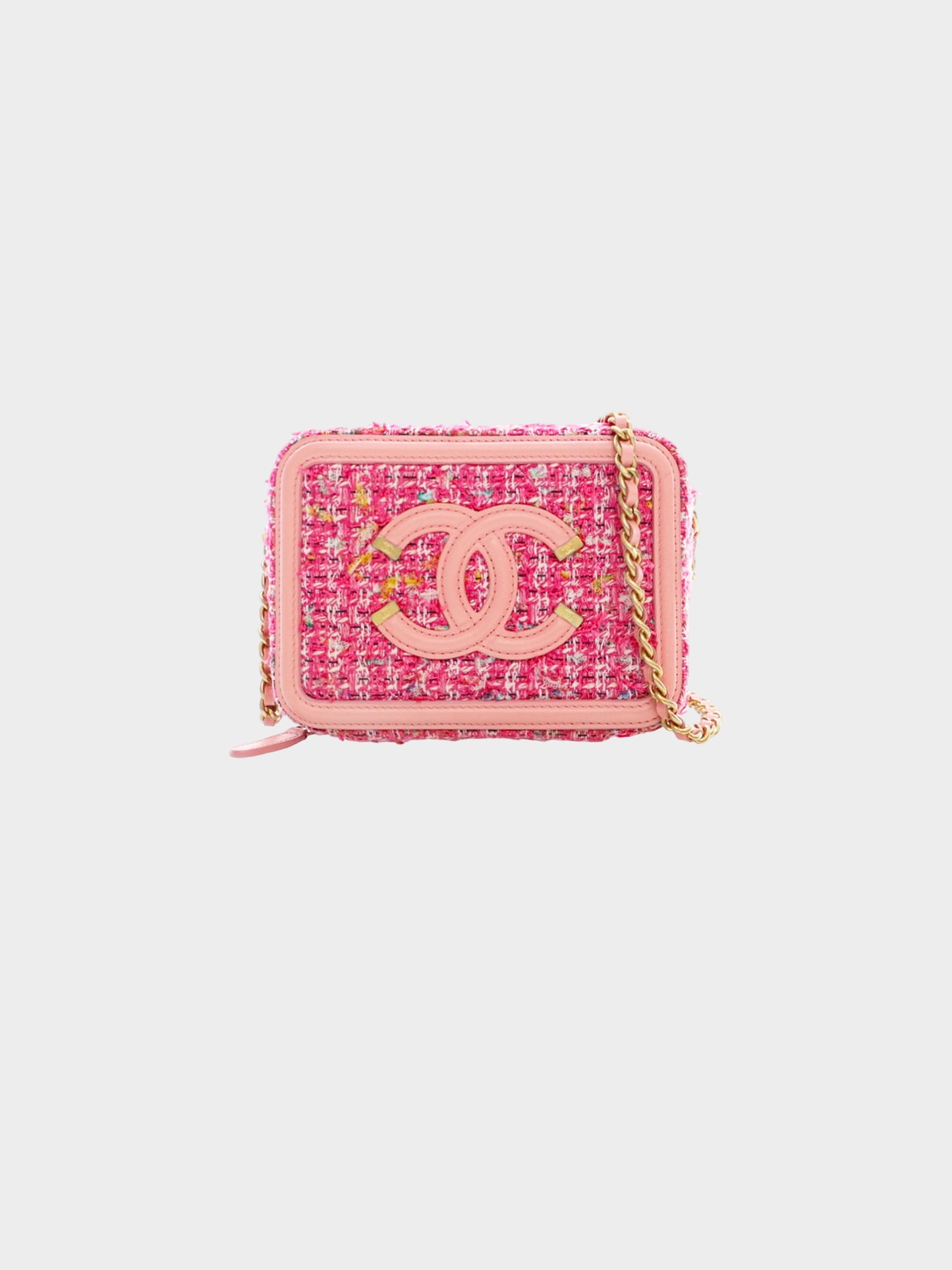 Chanel Mid 2019 Pink Tweed Filigree Mini Vanity Bag