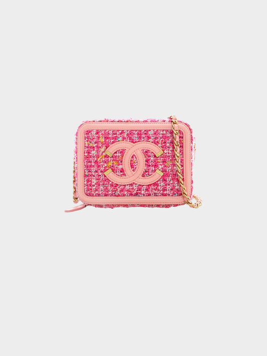 Chanel Mid 2019 Pink Tweed Filigree Mini Vanity Bag