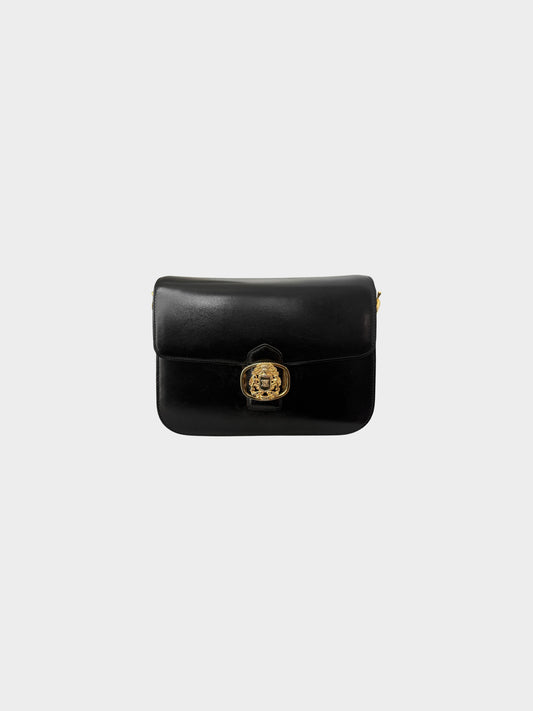Celine 2000s Rare Black Calf Leather Triomphe Flap Bag