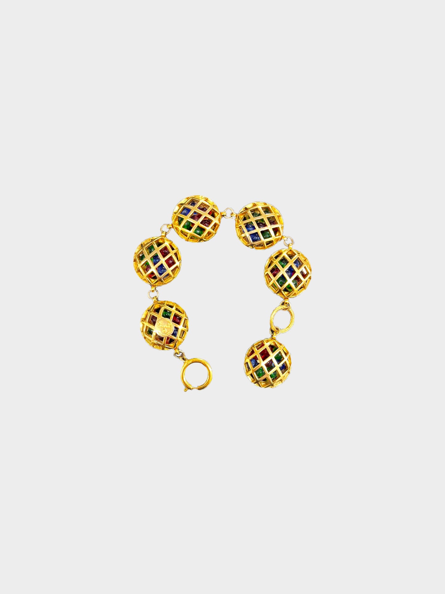 Chanel 1980s Gold Cage Link Bracelet with Gripoix Beads