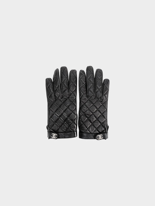 Chanel 2010s Black Lambskin Leather CC Turn Lock Gloves