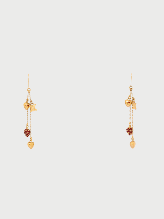 Celine 2000s Gold Red Plated Metal Triomphe Heart Motif Earrings